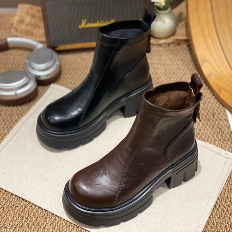 英伦风马丁靴女2025新款冬季厚底棕色真皮短靴松糕底圆头牛皮靴女