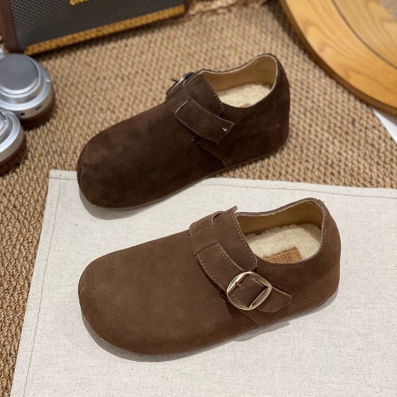 勃肯鞋女2025新款反绒皮一脚蹬休闲加绒防滑平底舒适皮带扣单鞋女