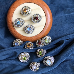 复古宫廷风陨石纹925银月光石蓝托帕石橄榄石黄水晶欧泊珍珠戒指