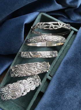 印度尼泊尔精工重磅复古民族风錾刻925纯银999银手镯妈妈女生礼物