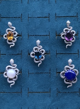 尼泊尔天然黄水晶紫水晶珍珠伦敦蓝蓝托帕石青金石925银蛇戒个性