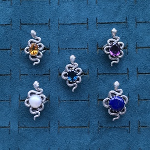 尼泊尔天然黄水晶紫水晶珍珠伦敦蓝蓝托帕石青金石925银蛇戒个性