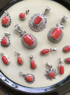 尼泊尔手工复古宫廷风精工掐丝红色宝石925纯银吊坠锁骨坠