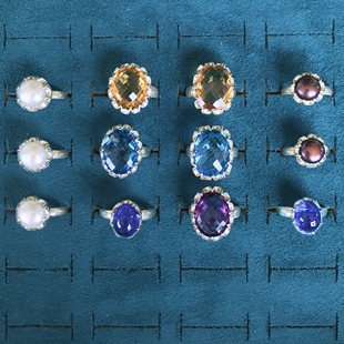 凉玥 印度花朵包边菠萝切蓝托帕石黄水晶紫水晶坦桑石珍珠银戒指