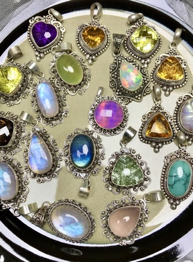 尼泊尔黄水晶紫水晶柠檬晶月光石茶晶粉晶绿松石葡萄石925银吊坠