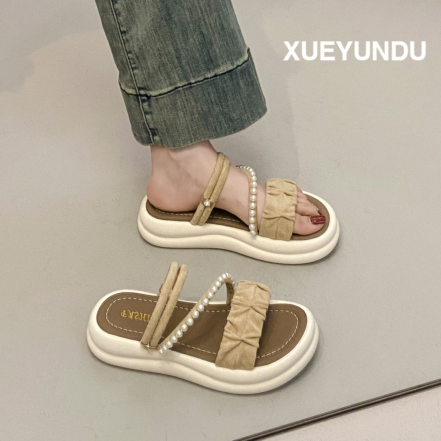 品牌绝美珍珠厚底两穿拖鞋女夏外穿2025新款仙女风软底凉拖配裙子
