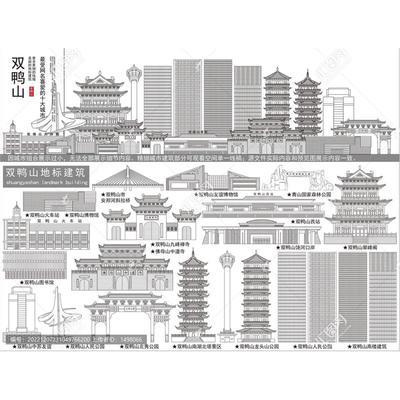 D76双鸭山AI矢量地标旅游建筑海报设计线稿图城市剪影手绘插画