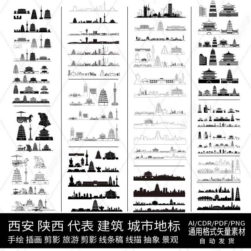 西安陕西地标城市插画景点图建筑手绘剪影旅游地平天际线描稿素材