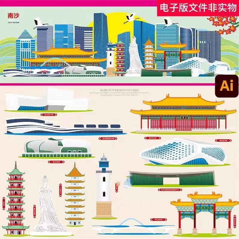 广州南沙区地标国潮建筑手绘AI矢量线稿背景天后宫湿地公园素材