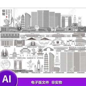 D585安徽铜陵AI矢量地标旅游建筑海报设计线稿城市剪影手绘插画