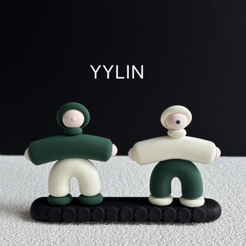 YYLIN·粘土卡通墨绿米白色小人diy创意临时停车牌车载摆件