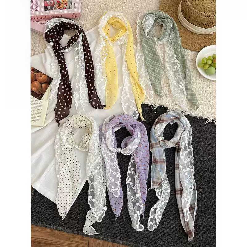 韩版波点蕾丝拼接丝巾女春夏季高级感百搭装饰领巾多功能腰带发带