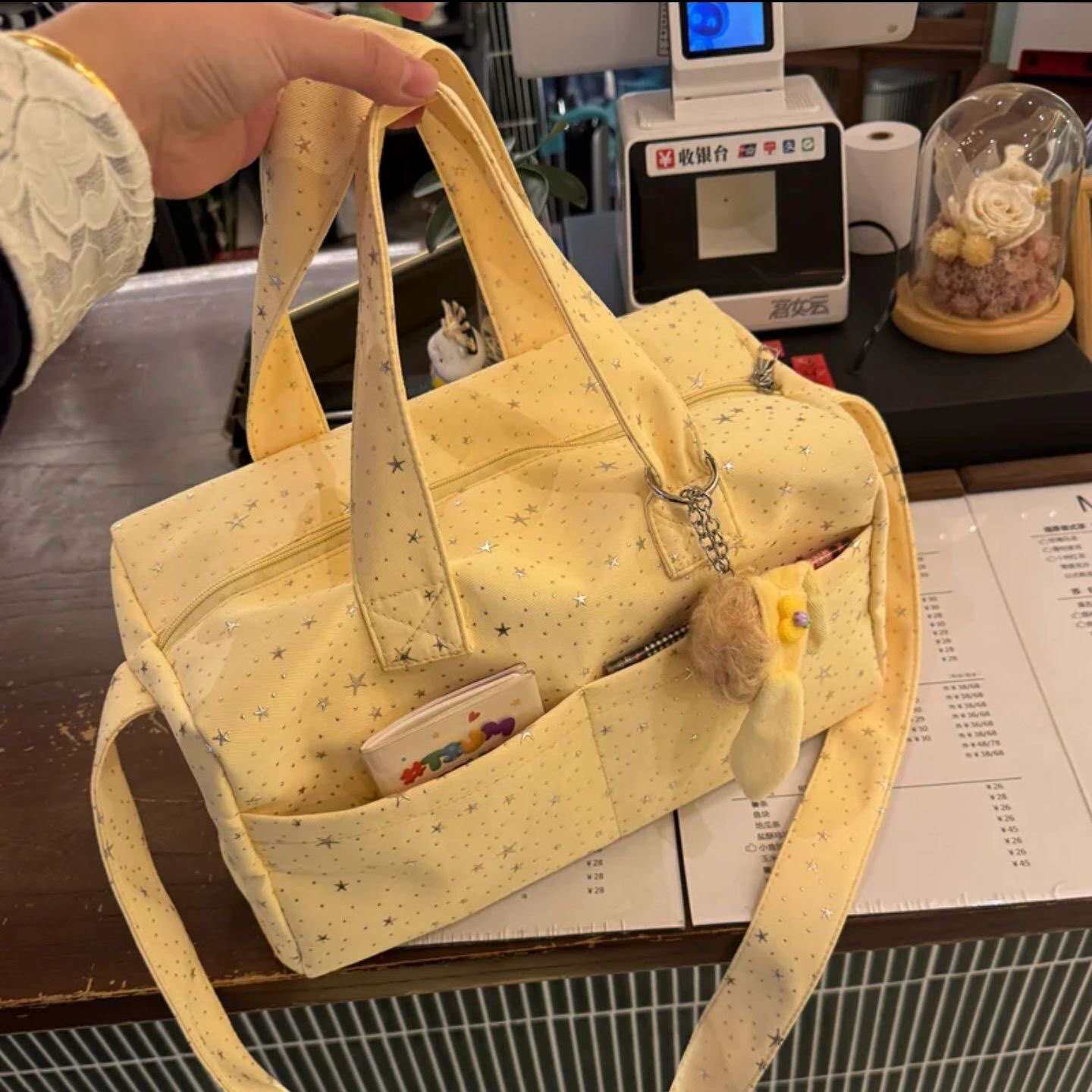 日韩风黄色星星托特包女超大容量旅行健身瑜伽收纳包休闲百搭手提