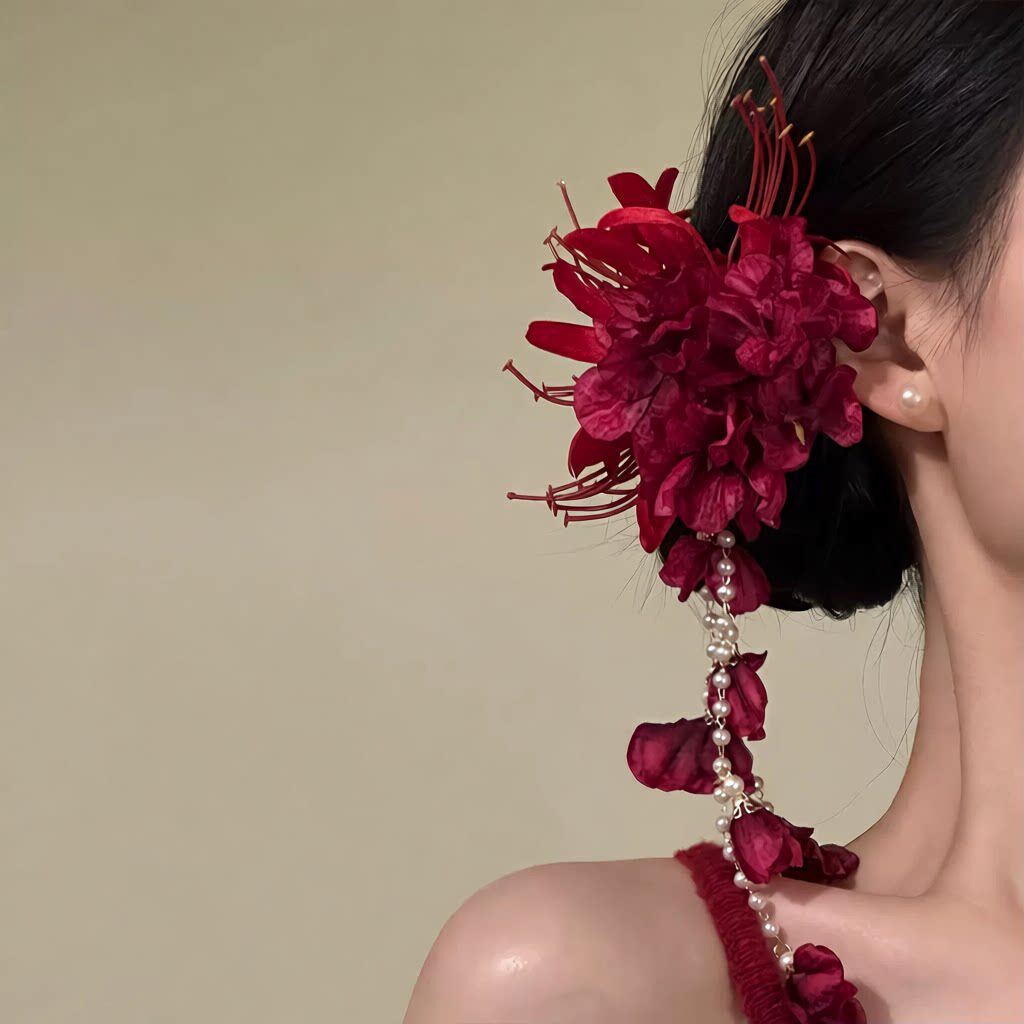 红色花朵流苏发夹女和风头饰侧边绝美发饰头花2026新款订婚配饰