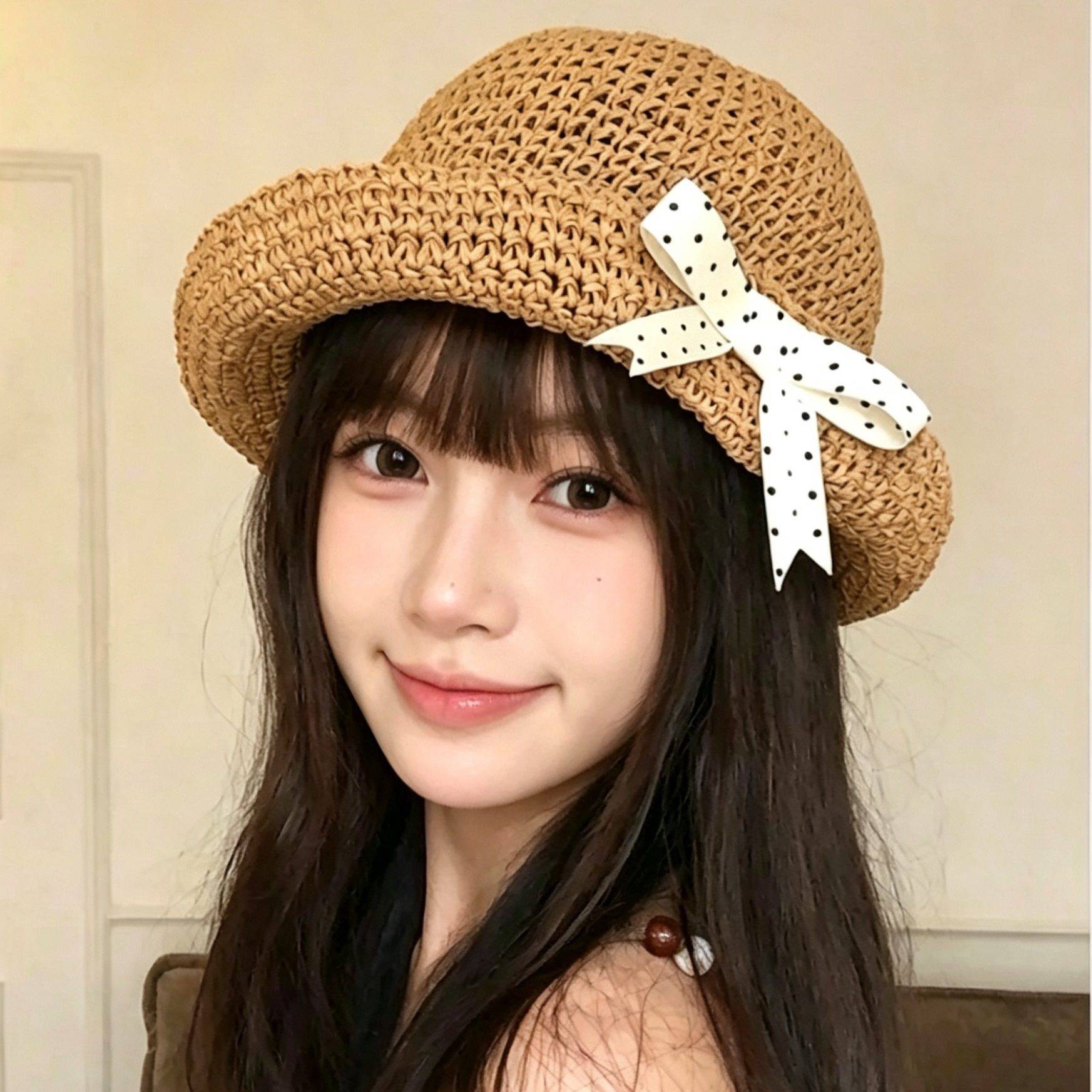 草编波点蝴蝶结帽子女夏季海边沙滩遮阳帽防晒帽草帽时尚礼帽