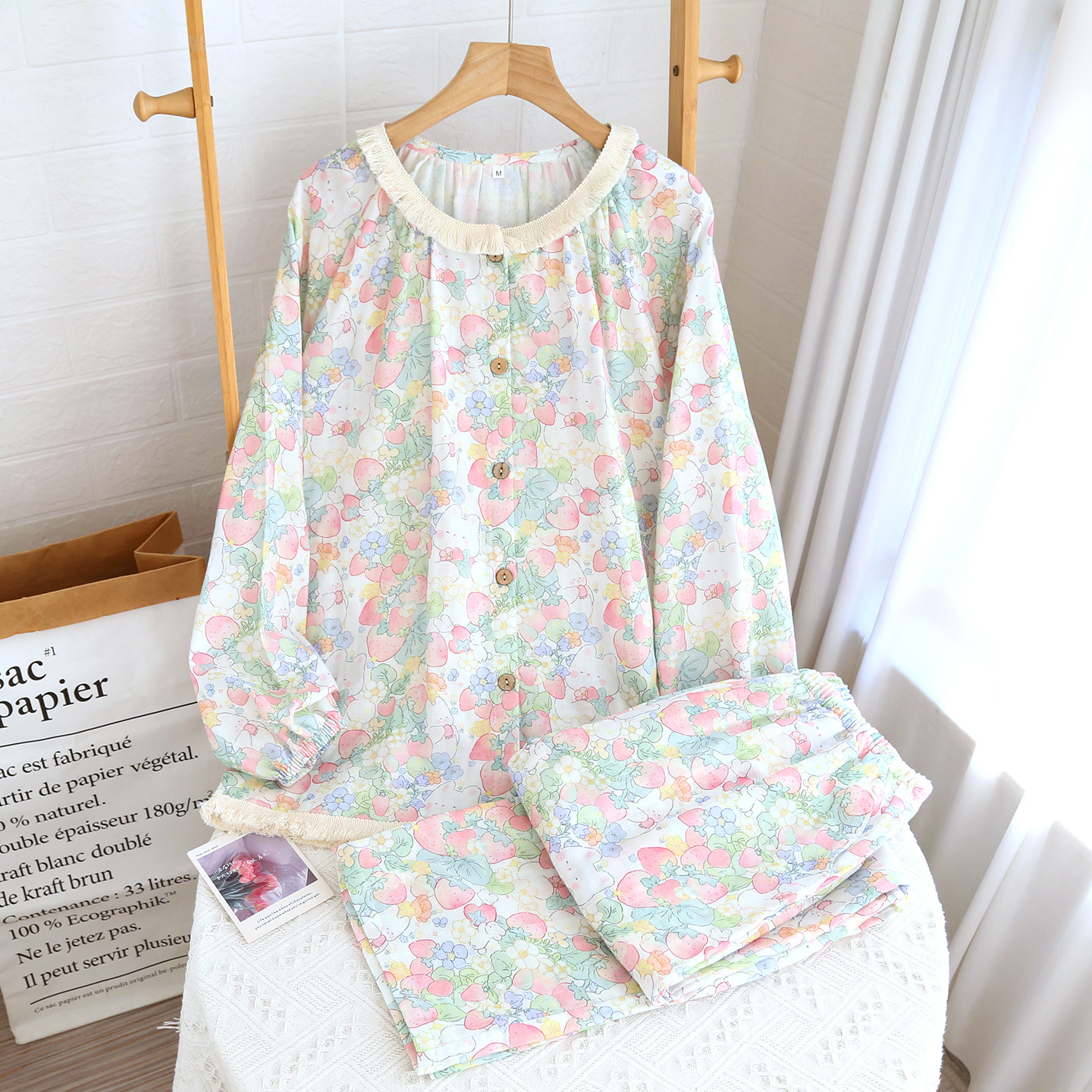 春夏纯棉睡衣女双层纱长袖长裤宽松流苏圆领全棉家居服套装可外穿,女士内衣/男士内衣/家居服,睡衣/家居服套装,淘宝优惠券,粉丝福利购,淘宝优惠卷