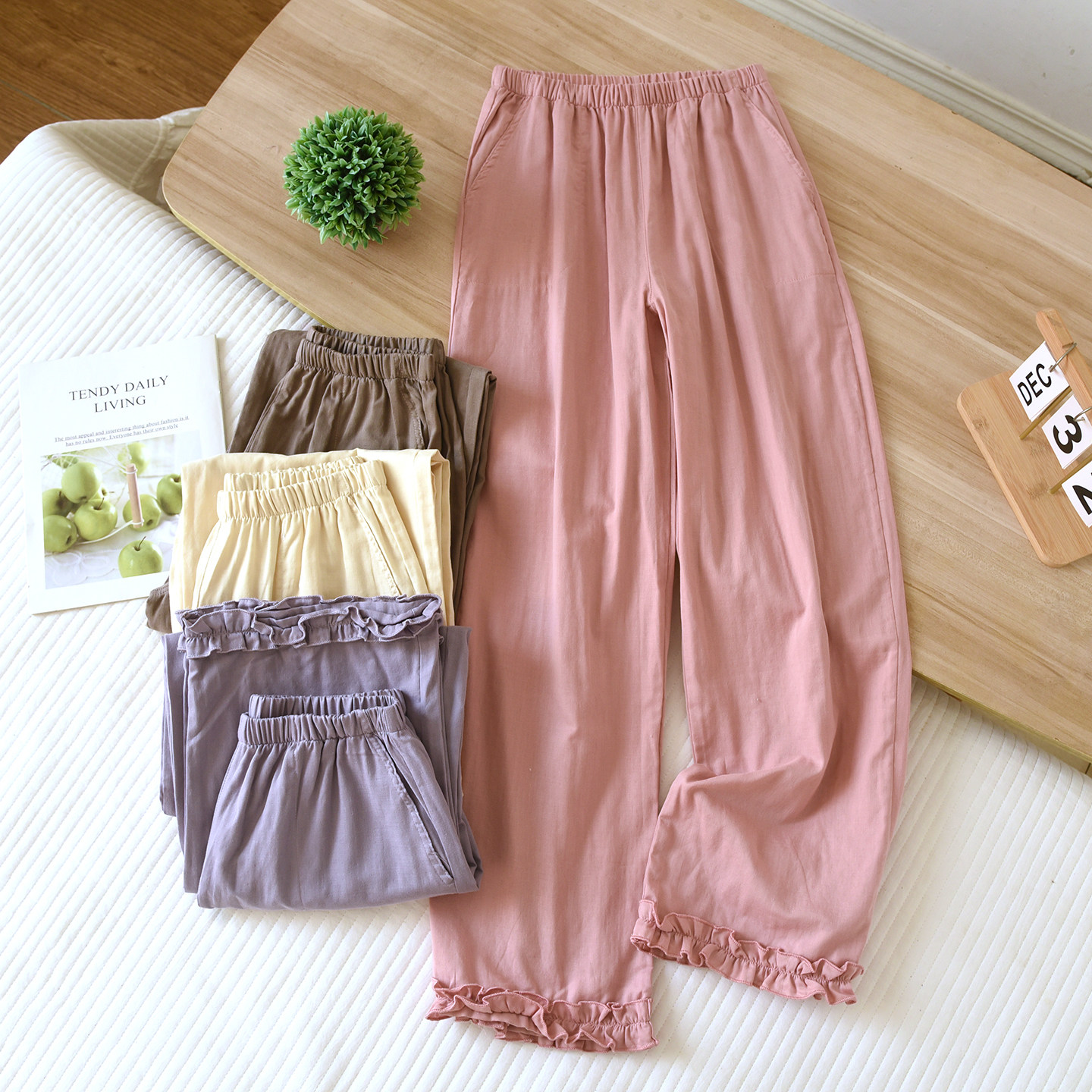 纯棉花边女睡裤家居长裤春夏季薄款宽松舒适大码可外穿全棉双层纱