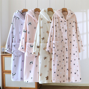 秋冬法兰绒连帽睡袍加绒加厚保暖睡衣宽松浴袍家居服大码 睡裙 长裤