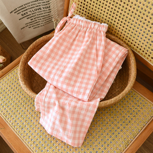 简约宽松舒适大码 纯棉格子女睡裤 薄款 全棉春秋夏季 可外穿 家居长裤