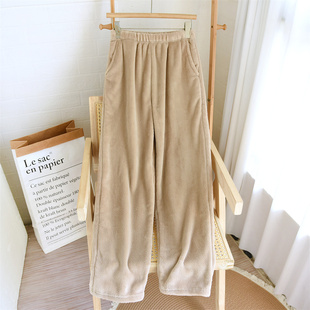 法兰绒女睡裤秋冬季加绒厚款带口袋长裤珊瑚绒保暖家居裤宽松大码