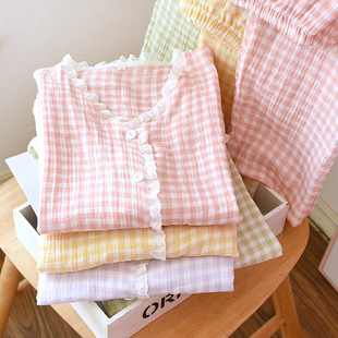 套装 25年新款 长袖 网红家居服全棉薄款 可外穿 睡衣女纯棉纱布春秋季