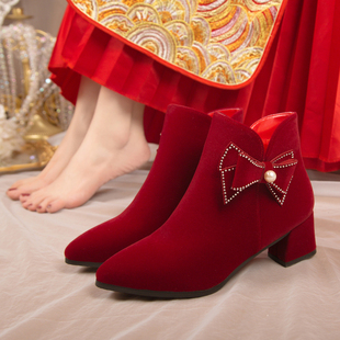 不累脚秀禾婚纱两穿新娘鞋 冬季 酒红色高跟鞋 女2023年新款 粗跟 婚鞋