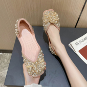 平底珍珠水钻小香风浅口方头孕妇软底豆豆鞋 单鞋 女春秋2023年新款