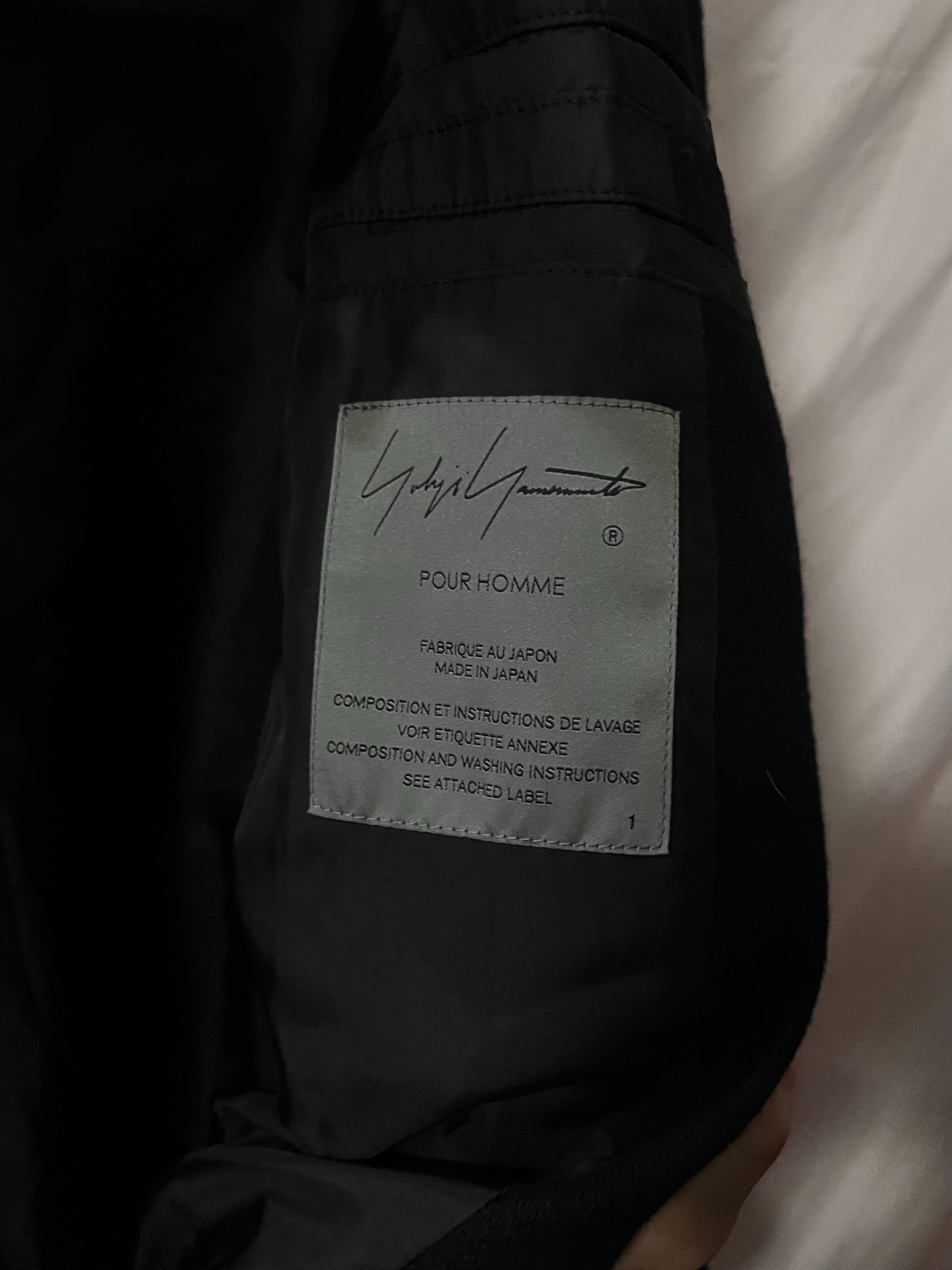 Yohji Yamamoto Black Flannel Stand Collar Coat — label