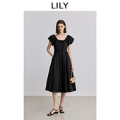 小黑裙 商场同款 LILY夏女装 气质减龄泡泡袖 收腰休闲黑色连衣裙