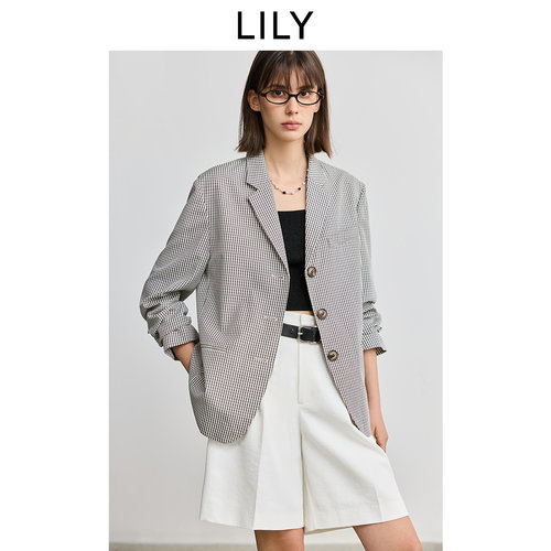 LILY2025春新款女装经典黑白格纹宽松休闲职业通勤黑色西装外套