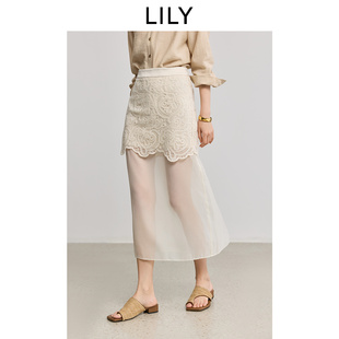 腰果花蕾丝绣花米白色半身裙直筒裙 复古法式 LILY2025夏新款 女装