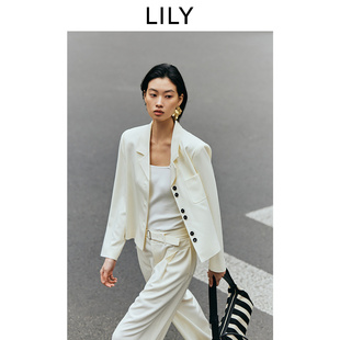 小个子 外套女短款 LILY2025春新款 气质设计感撞色休闲米白色西装