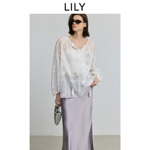 套头衫 LILY2025夏新款 白色雪纺衫 镂空蕾丝绣花流苏休闲薄款 女 法式
