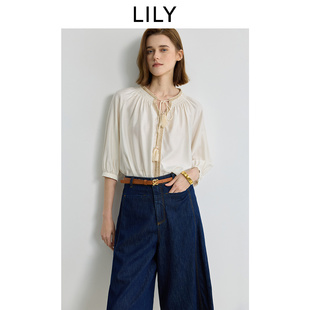 米白色套头衫 气质司马克织带流苏休闲七分袖 女 法式 LILY2025夏新款