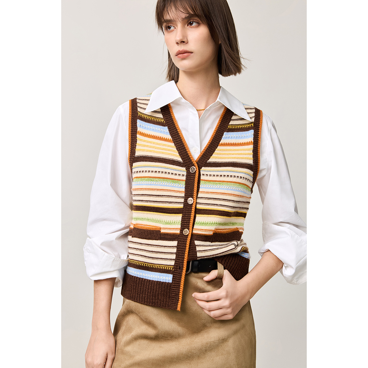【商场同款】LILY2025春新款女装绵羊毛混纺彩色条纹针织背心马甲