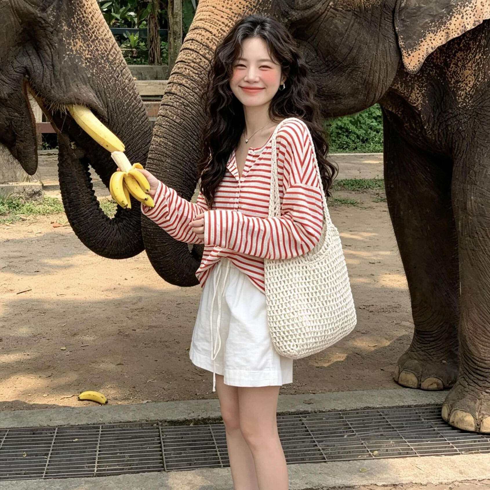 美式条纹半开领长袖T恤女
