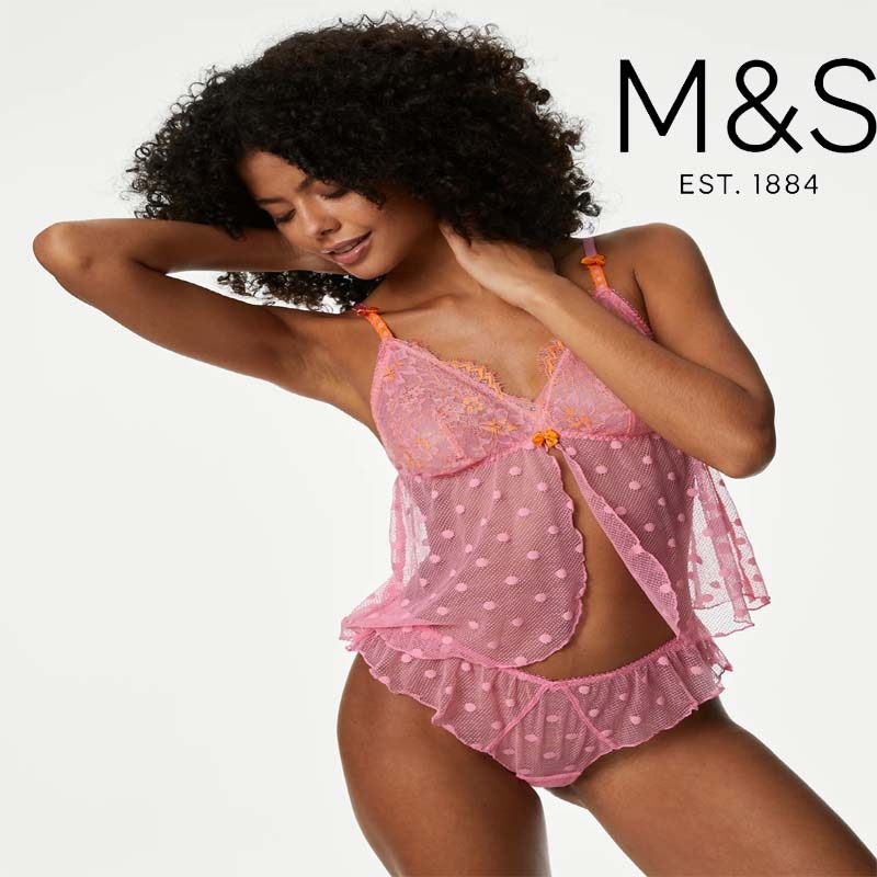 英国马莎M&S玛莎代购女士粉色性感蕾丝吊带文胸上衣内裤套装甜美