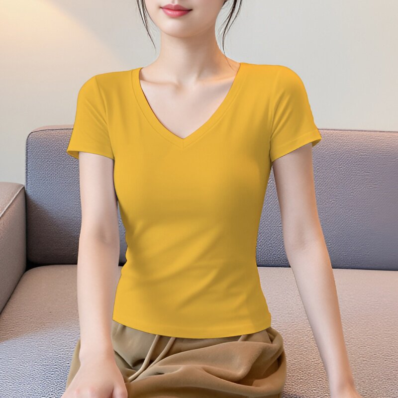 姜黄短袖t恤女V领修身