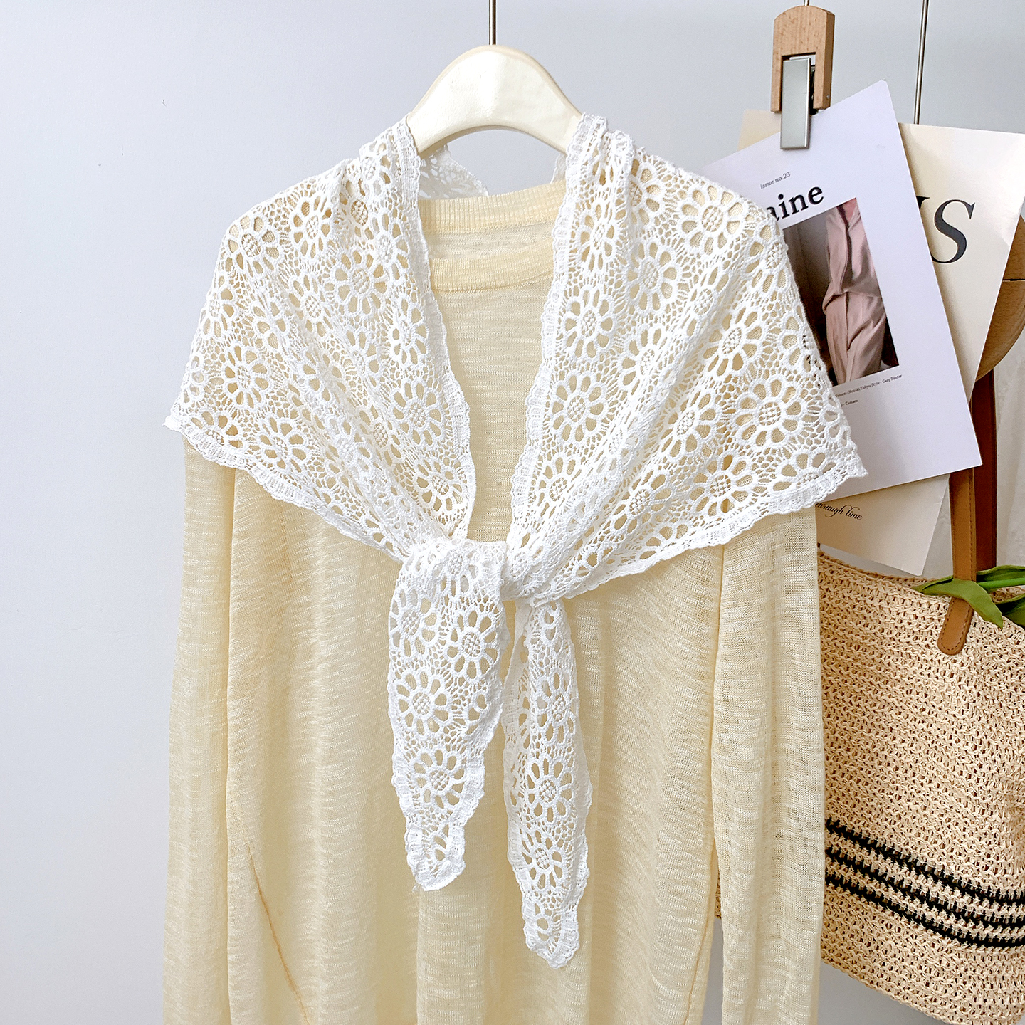 纯色蕾丝镂空三角围巾女夏季装饰外搭小披肩百搭薄款春秋罩衫坎肩