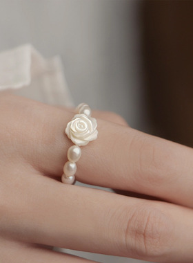 母贝玫瑰花天然淡水珍珠戒指女轻