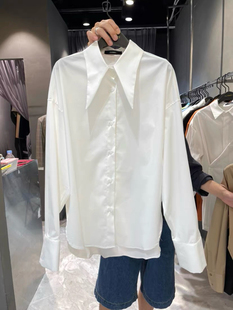 女宽松气质白色长袖 韩版 长尖领加绒中长衬衫 新款 上衣潮 2025秋冬季