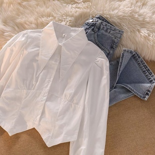秋冬季新款复古设计感小众尖领衬衫女白色收腰泡泡袖长袖短款上衣
