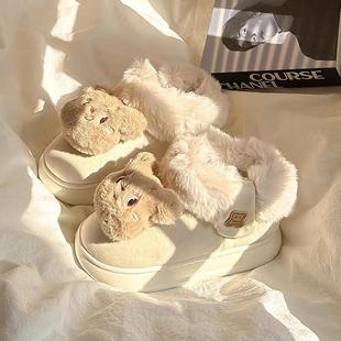 保暖短靴皮毛一体棉鞋 卡通可爱小熊加绒厚底雪地靴女2025冬季 新款