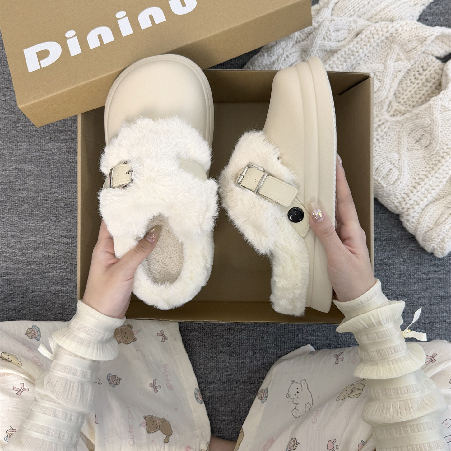 复古毛毛拖鞋女外穿2025秋冬新款加绒保暖厚底舒适防水包头棉拖鞋,女鞋,包头拖,淘宝优惠券,粉丝福利购,淘宝优惠卷