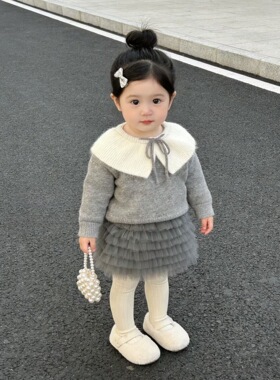 甜小司女童冬季新款舒适小香风灰色毛衣女宝加绒蛋糕裙洋气两件套