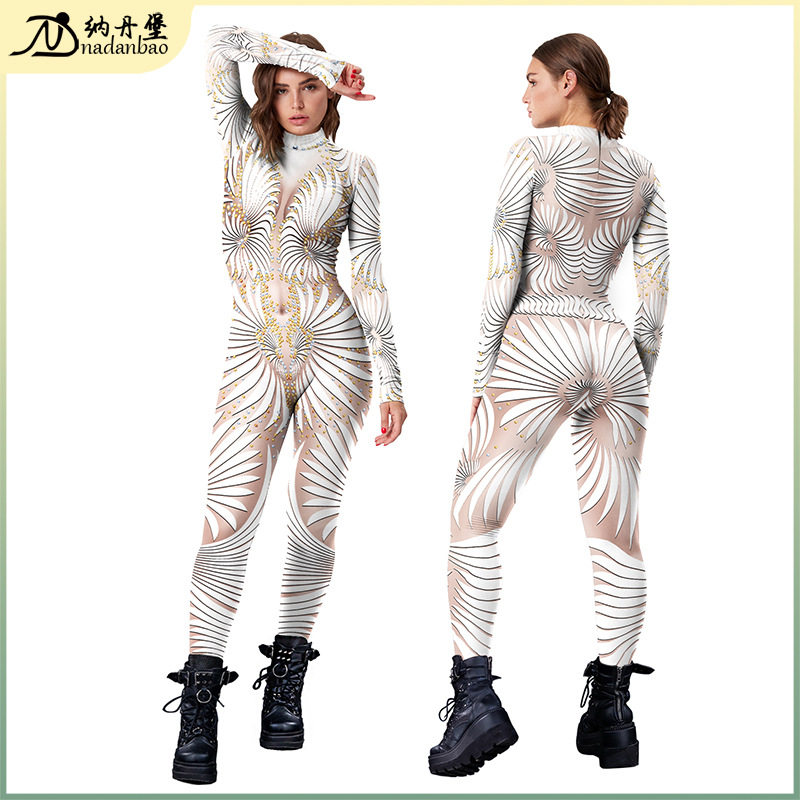 欧美新品女装数码印花时尚舞台紧身衣女式连体服cosplay演出服装