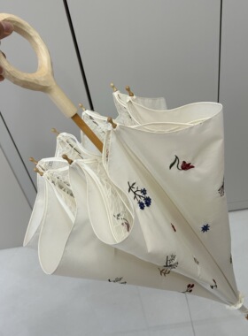 日系新款双层棉布刺绣蕾丝圆木手柄防紫外线遮阳仙女可爱白色洋伞