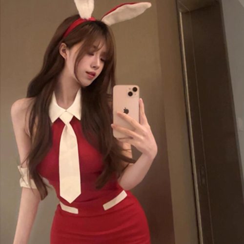 圣诞穿搭女兔女郎cos服装制服套装红色睡裙性感纯欲氛围感连衣裙