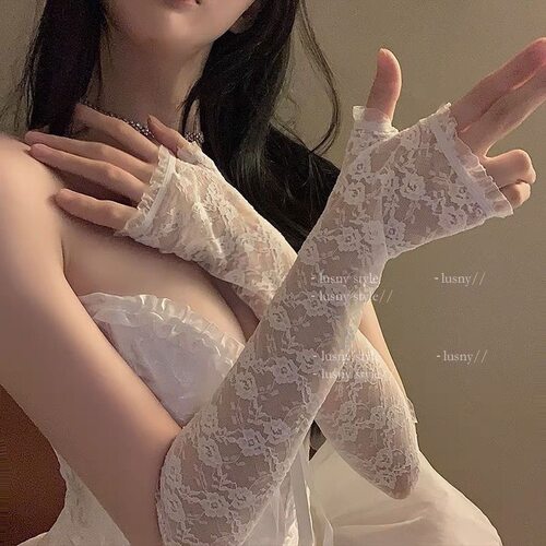 时尚蕾丝儿童加长手套超长款女士女款蕾丝手套开车防晒半指