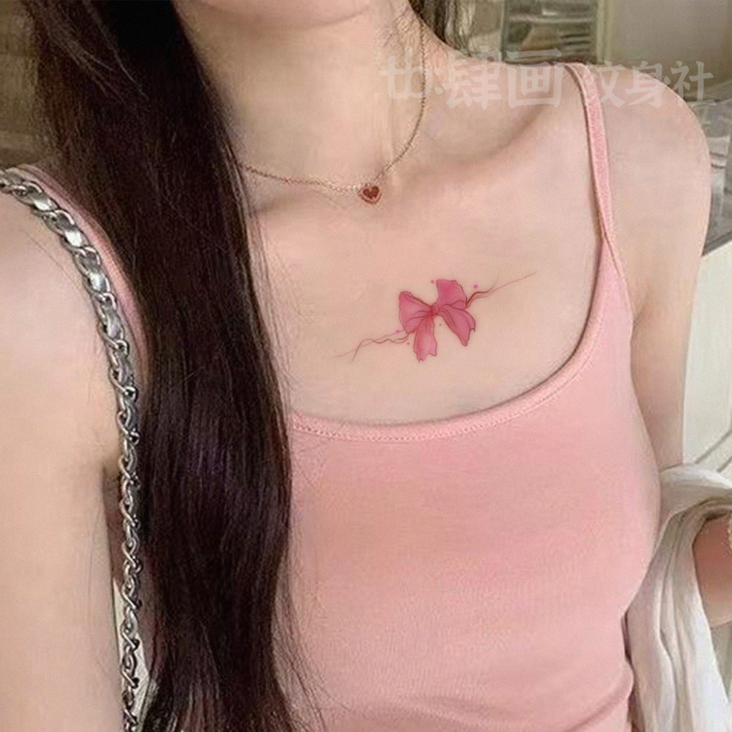 甜酷少女粉色蝴蝶结ins纹身贴高级可爱胸口小图手腕防水持久可洗